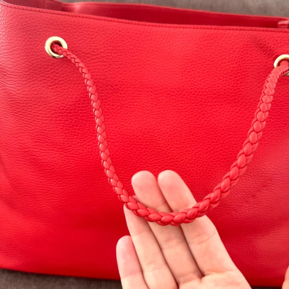 Authentic Gucci Gifford Tote Bag coral red leather large size braided handles